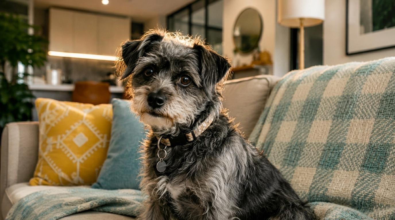 Cachorro sentado no sofá de uma casa